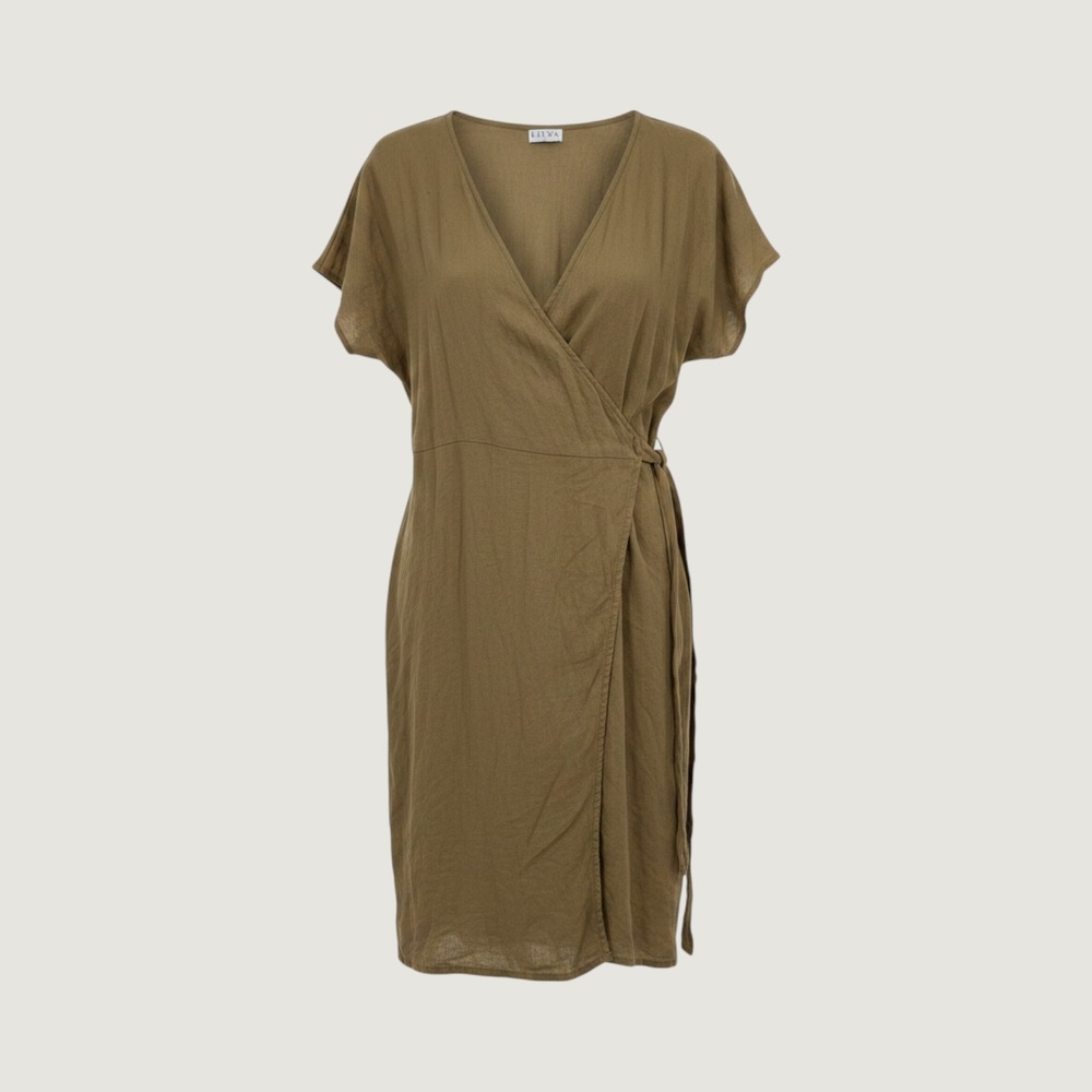 NEW Lilya Roni Dress Army Green 100% Linen Wrap‎ Short Sleeve V-Neck Size L